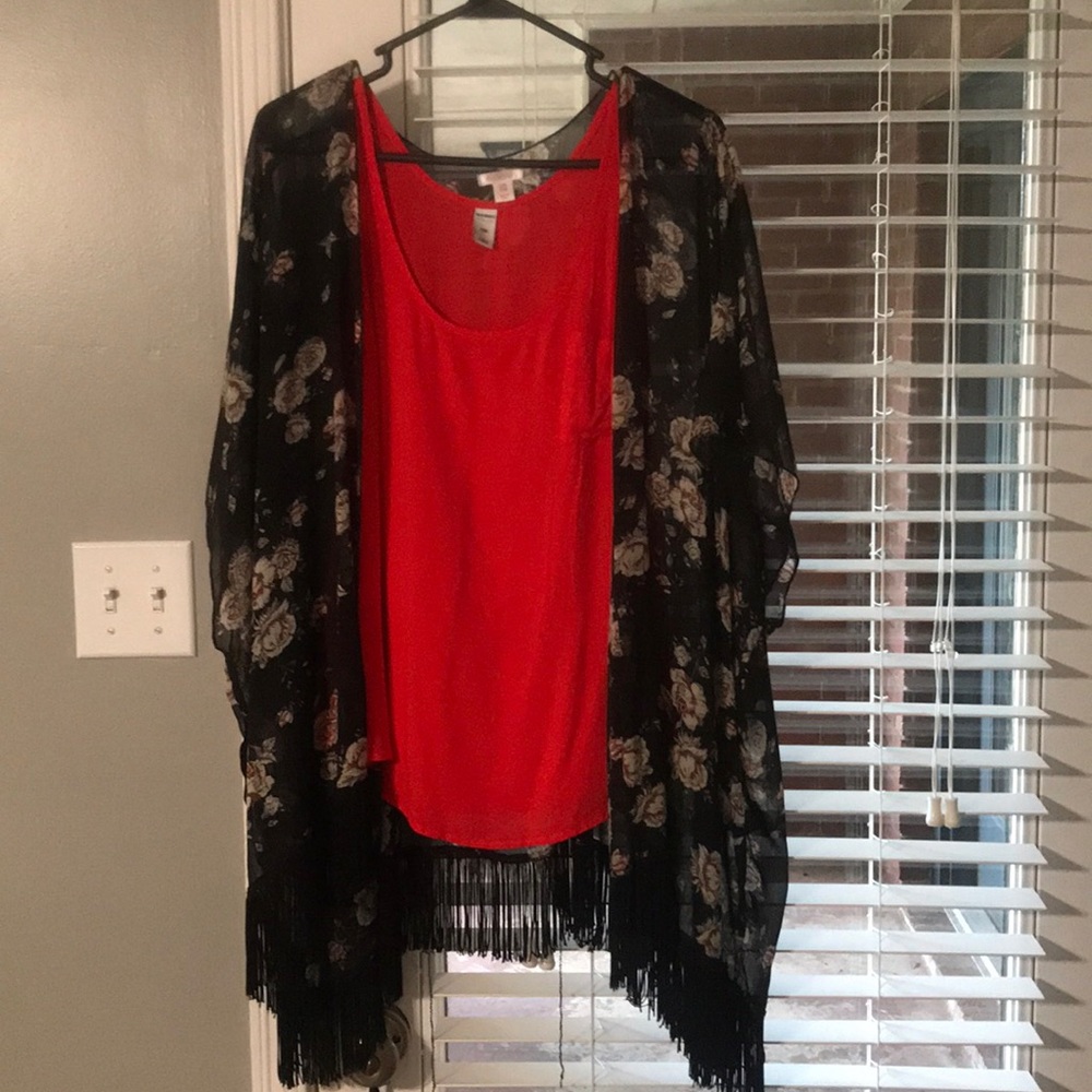 Selling red dress tank and black fringe kimono